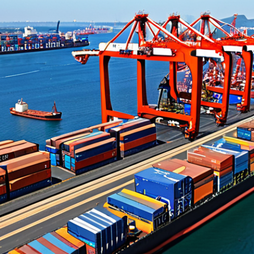 Home 4 **Image Prompt:** A bustling international port scene, with cargo ships, trucks, and trains being loaded and unloaded. Focus on the seamless coordination of logistics, with digital screens displaying real-time tracking information. Highlight the use of technology and automation in managing the complex flow of goods. The overall feel should be efficient and globally connected.