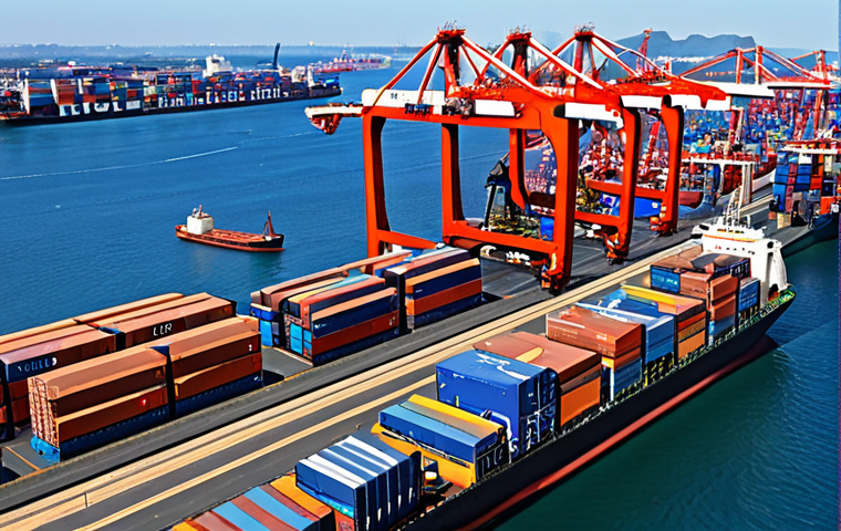 **Image Prompt:** A bustling international port scene, with cargo ships, trucks, and trains being loaded and unloaded. Focus on the seamless coordination of logistics, with digital screens displaying real-time tracking information. Highlight the use of technology and automation in managing the complex flow of goods. The overall feel should be efficient and globally connected.